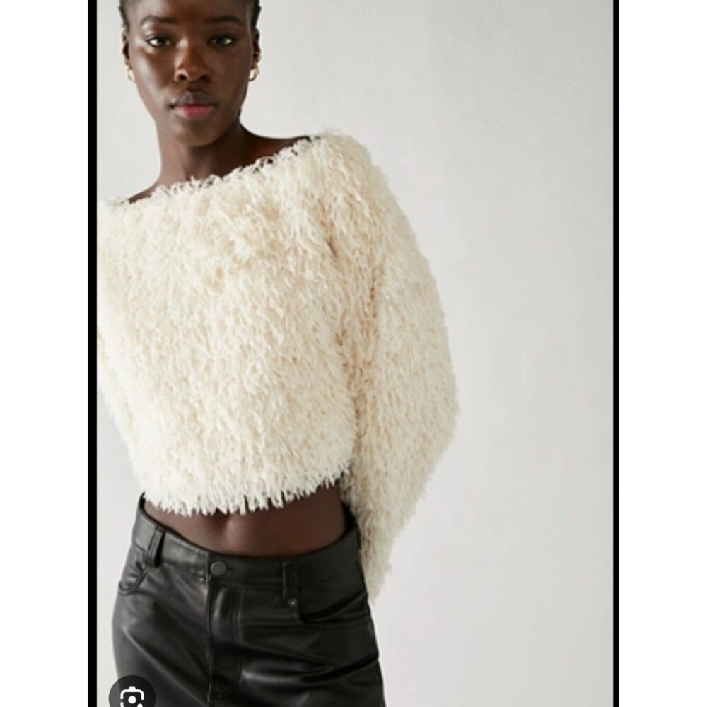 Free People Flutter Sweatshirt Plush Feathered Cropped Sweater White OS One Size